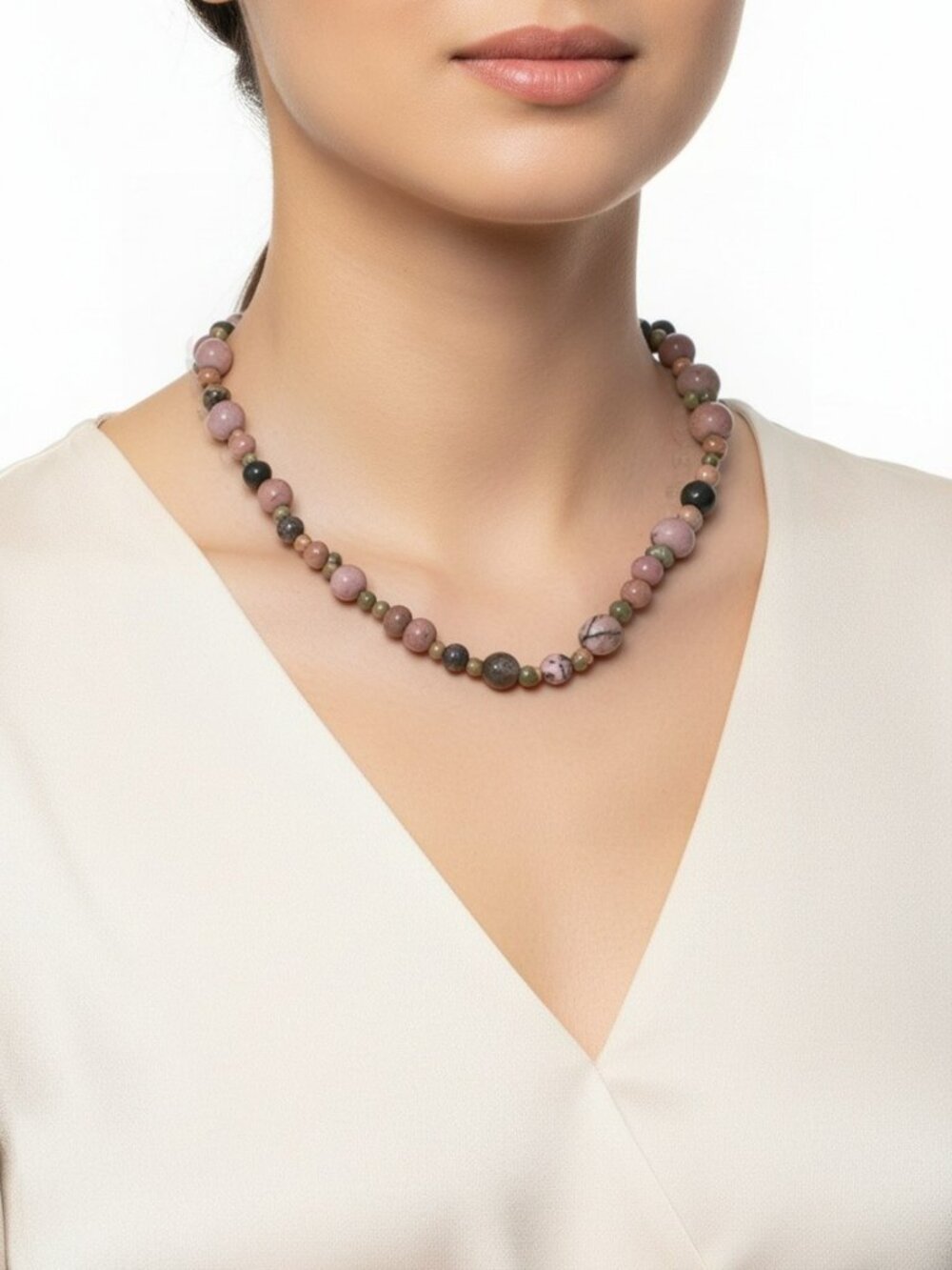 Rhodonite Brown/Tan/Green Beaded Stretch Necklace - NWOT